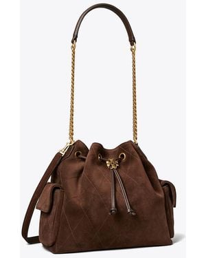 Tory Burch Gesteppte Charlie Schultertasche Aus Wildleder Mit Tunnelzug - Braun