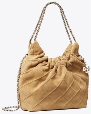 Tory Burch Damen Mini Fleming Hobo Bag Aus Weichem Wildleder - Natur