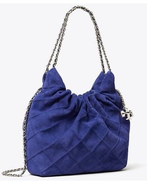 Tory Burch Damen Mini Fleming Hobo Bag Aus Weichem Wildleder - Blau