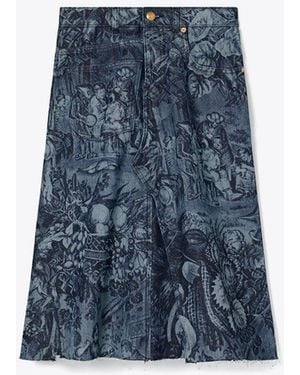 Tory Burch Printed Deconstructed Denim Skirt - Blue