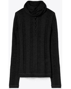 Tory Burch Fein Gerippter Pullover Mit Bindedetail Vorne - Schwarz