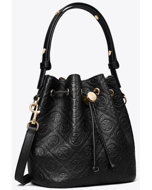 Tory Burch T Monogram Pebbled Bucket Bag - Black