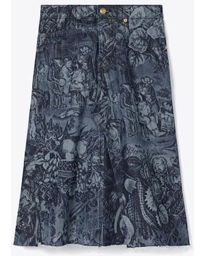 Tory Burch Damen Bedruckter, Unstrukturierter Jeansrock - Blau