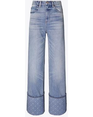Tory Burch Damen Jeans Mit Kontrastierenden Beinabschlüssen Und Gerade Geschnittenem Bein - Blau