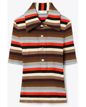 Tory Burch Damen Geripptes Poloshirt Aus Viskose Mit Streifen - Rot