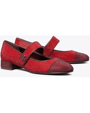 Tory Burch Cap-Toe Mary Jane Pavé Heeled Ballet - Red