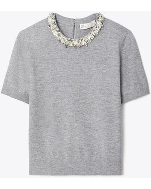 Tory Burch Damen Kurzarmpullover Aus Wolle Mit Pailletten - Grau