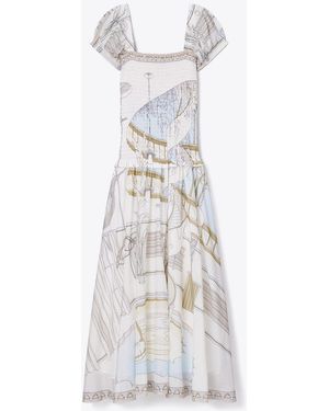 Tory Burch Damen Gesmoktes Kleid Mit Print - Weiß