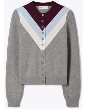 Tory Burch Damen Wollcardigan Mit Chevronmuster - Grau
