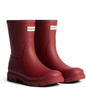 HUNTER Downpour Short Rubber Merlot Wellington Boots - Red