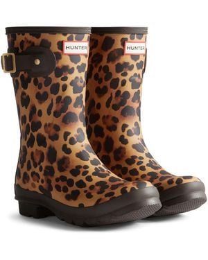 HUNTER Original Short Leopard Boot Rubber Leopard Print/Chocolate Wellington Boots - Brown