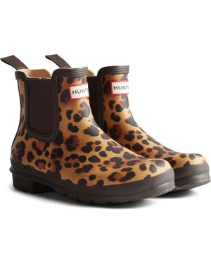 HUNTER Original Chelsea Leopard Print Boot Rubber Leopard Print/Chocolate Wellington Boots - Brown