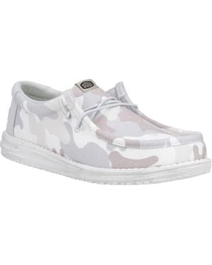 HEYDUDE Wally Washed Camo Polyester Greyscale Desert Camo Boat Shoes - White