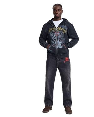 Ed Hardy Serpent Skull Graphic Washed Jeans - Blue