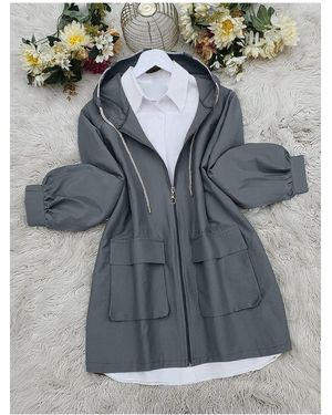 Modamorfo Geräucherter Trenchcoat Mit Kapuze Und Taschentasche Für Damen - Grau