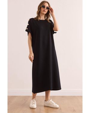 Olalook Schwarzes, Drapiertes Kleid Mit Knöpfen Und Kristallen An Der Schulter Elb- 19002370 Für Damen