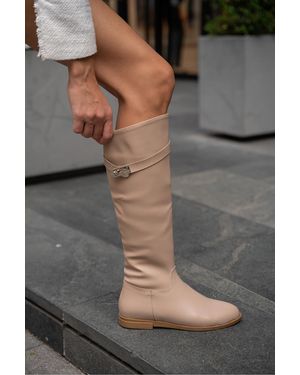 Madamra Nerzfarbene Lange Lederstiefel Mit Gürtel Für Damen - Grau