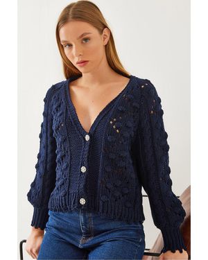 Bianco Lucci Strickjacke Mit V-Ausschnitt, Pompom Und Drei Knöpfen Für Damen - Blau