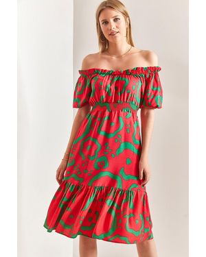 Bianco Lucci Kleid Mit Elastischem Madonna-Kragen Und Taillenbund Für Damen - Rot
