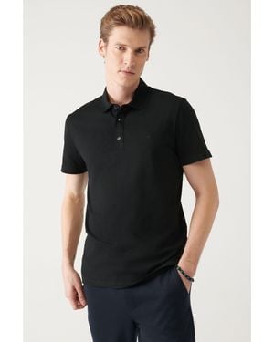 AVVA Schwarzes T-Shirt Mit 3 Druckknöpfen Aus 100 Baumwolle Mit Gestricktem Polokragen E 001033 Für Herren