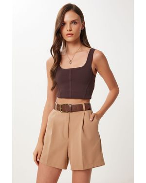 Happiness İstanbul Camel Mini Woven Shorts Mit Taschen Für Damen - Braun