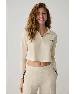 Urban Beat Eudora Urbanbeat T-Shirt Mit Polokragen, Knopfleiste Und Langen Ärmeln, Bedruckt Und Detailliert, Für Damen - Natur