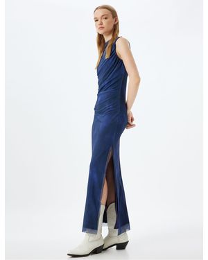 Koton Tüllkleid, Lang, Ärmellos, Drapiert, U-Boot-Ausschnitt, Schlitz, Gefüttert Für Damen - Blau