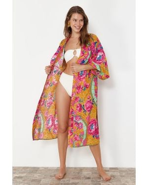 Trendyol Ethnisch gemusterter midi-kimono und kaftan aus 100 % baumwolle mit gürtel - Rot