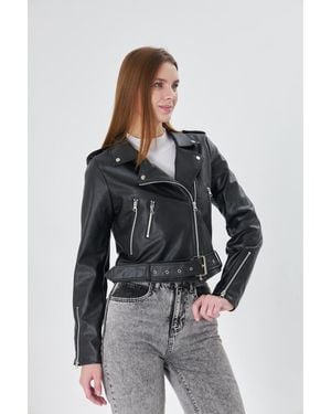 ALINTERYY Schwarze Lederjacke Mit Gürtel Für Damen - Blau