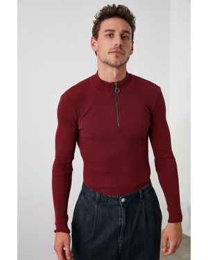Trendyol Burgunderroter, Gerippter Baumwollpullover Mit Kragen Und Reißverschluss Für Herren
