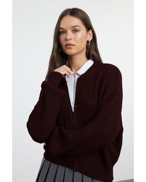 Trendyol Bomberkragen-Strickjacke Mit Reißverschluss Und Breiter Passform – Für Damen - Schwarz