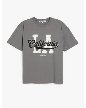 Koton Kurzärmliges T-Shirt Mit Rundhalsausschnitt Und College-Print Für Damen - Grau