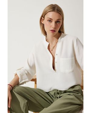 Happiness İstanbul Hemdbluse Aus Hochwertigem Musselin Mit Richterkragen Und Knochenmuster Für Damen - Grün