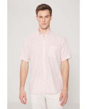 AC&Co / Altınyıldız Classics Hemd Comfort Fit, Knopfkragen, Leinenoptik 100% Baumwolle, Kurzarm Für Herren - Weiß