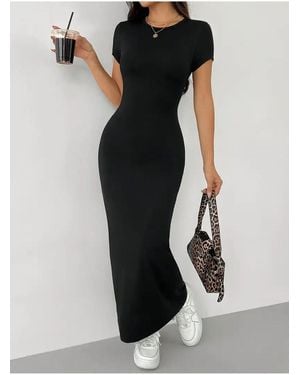 segiza Schwarzes, Kurzärmliges, Körperbetontes Maxikleid Aus Lycra-Stoff Für Damen