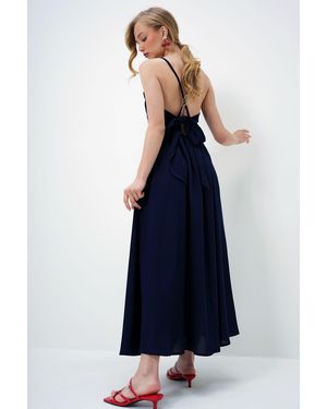 Trend Alaçatı Stili Marineblaues Sommerkleid Mit Seilriemen Und Schnürung Auf Der Rückseite, Maxilänge Für Damen