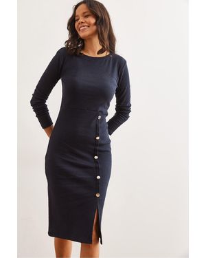 Olalook Marineblaues, Dehnbares Midi-Kleid Mit Knopfdetail Und Schlitz Elb- 19002256 Für Damen