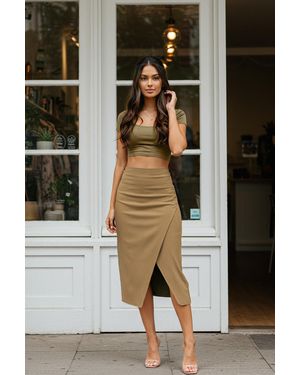 Trendyol Khakifarbener Webrock Mit Seitlich Geraffter Taille Und Schlitz Für Damen - Natur