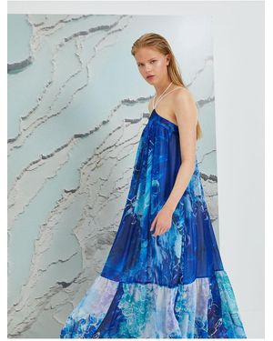 Koton Şahika Ercümen – Gemustertes Neckholder-Kleid Für Damen - Blau