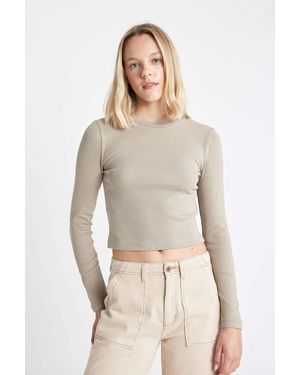 Defacto Tailliertes, Geripptes Camisole-Basic-T-Shirt Mit Langen Ärmeln Und Rundhalsausschnitt Y9870Az24Au Für Damen - Natur