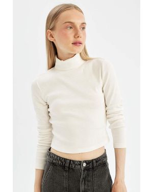 Defacto Weißes, Cooles, Tailliertes Rollkragen-Unterhemd Mit Geripptem Basic-Langarm-T-Shirt B6783Ax24Au Für Damen