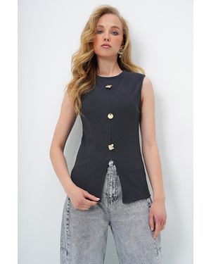 Trend Alaçatı Stili Anthrazitfarbene Ottoban-Bluse Mit Rundhalsausschnitt Und Goldenen Knöpfen Für Damen - Blau