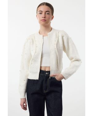 Trendyol Soft Textured Zipped Stone Embroidered Coat Look Strickjacke Für Damen - Weiß