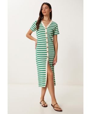Happiness İstanbul Kleid Aus Merzerisiertem Strick Mit-Cremefarbenen Streifen Und Häkelstickerei Für Damen - Grün