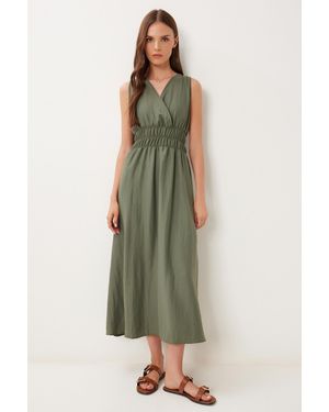 Happiness İstanbul Khakifarbenes Midi-Webkleid Mit Wickelkragen Für Damen - Grün