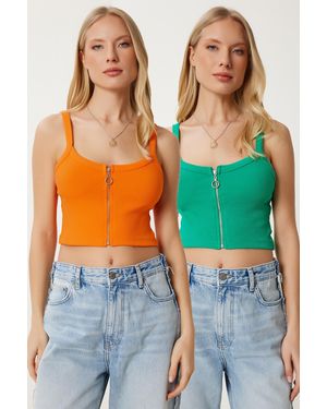 Happiness İstanbul Reißverschluss Twill Stretchy 2 Stück Set Crop Gestrickte Bluse Für Damen - Orange