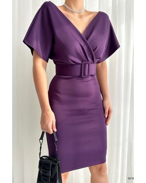 Deafox Lilafarbenes Scuba-Kleid Mit Zweireihigem Kragen Und Gürtel Für Damen