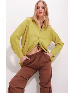Trend Alaçatı Stili Senfgelbes Oversize-Leinenhemd Für Damen