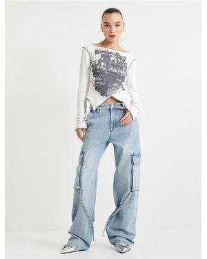 Koton Gerade Jeans-Cargo-Jeans, Weites, Gerades Bein, Tasche, Baumwolle – Nora Jean Für Damen - Blau