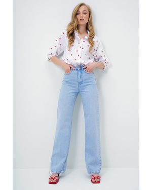 Trend Alaçatı Stili Hellblaue Palazzo-Jeanshose Mit Hoher Taille Für Damen